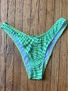 Neon Green Checker High Leg Low-Rise Bikini Bottom